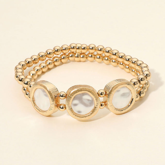 Madeline Love Cream, Gold Triple Organic Round Pearl Disc Frame Double Layered Metal Ball Beaded Stretch Bracelet