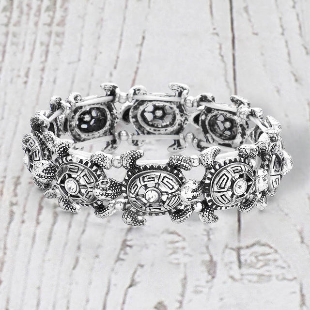 Madeline Love Silver Burnished Antique Metal Stone Centered Turtle Link Stretch Bracelet - Jewelry