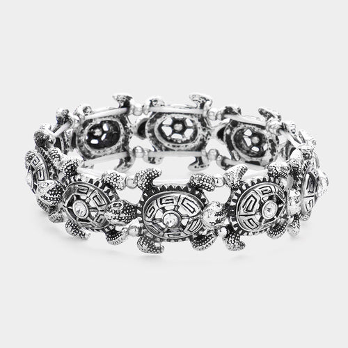 Pulsera elástica de eslabones de tortuga de metal antiguo con punta de piedra - Plata bruñida