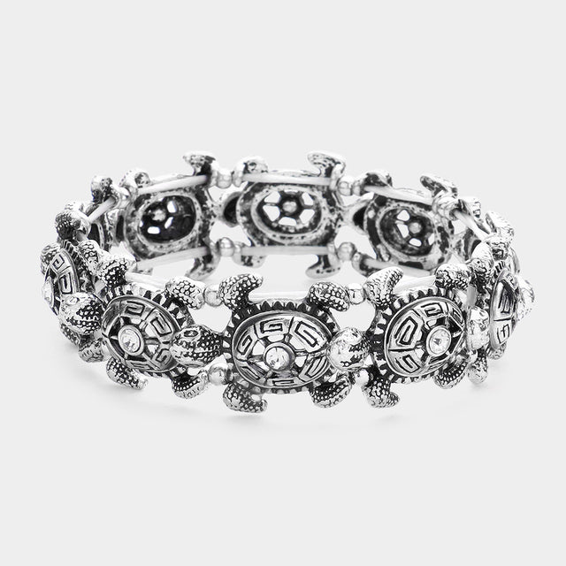 Silver Burnished Stone Pointed Antique Metal Turtle Link Stretch Bracelet