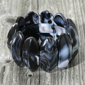 Madeline Love Black Bold Marbled Oval Penal Beaded Stretch Bracelet - Bracelets