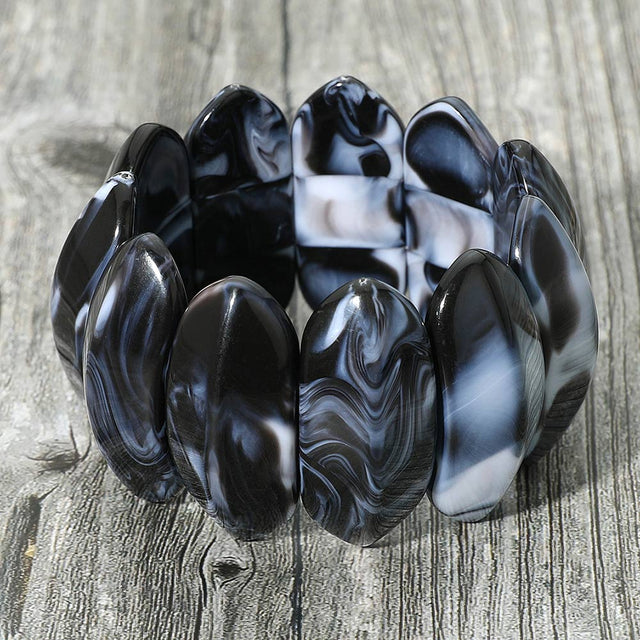Madeline Love Black Bold Marbled Oval Penal Beaded Stretch Bracelet - Bracelets