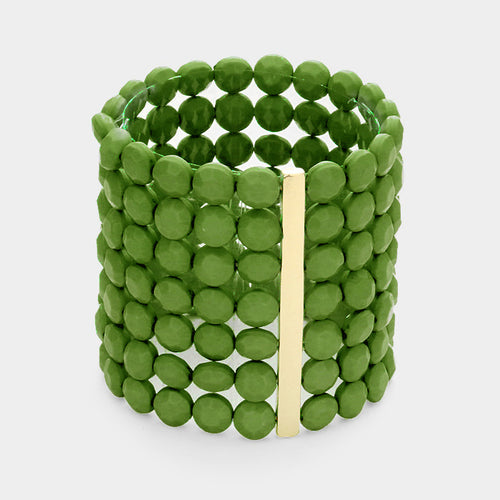 7Rows Wide Faceted Round Beaded Stretch Bracelet - Green