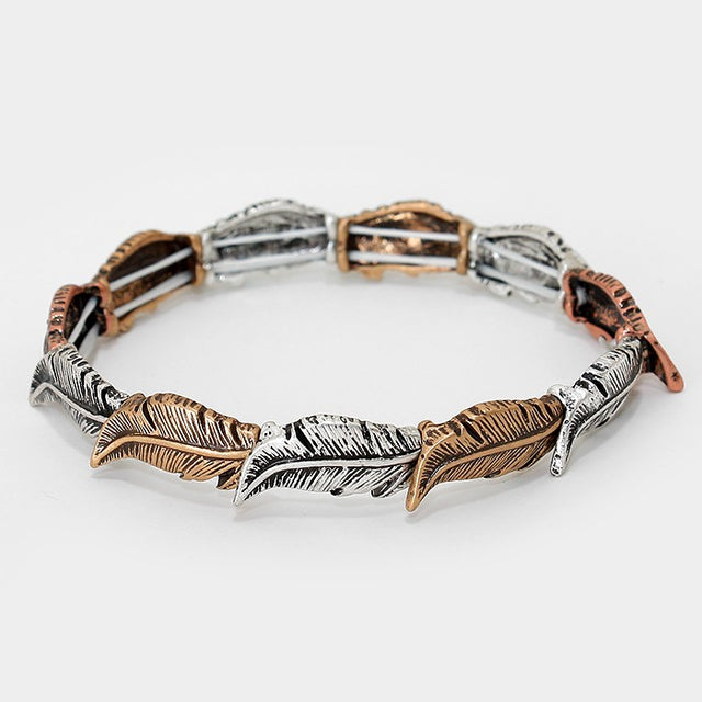 Madeline Love Silver Burnished, Gold Burnished, Copper Burnished Feather Stretch Bracelet - Bracelets