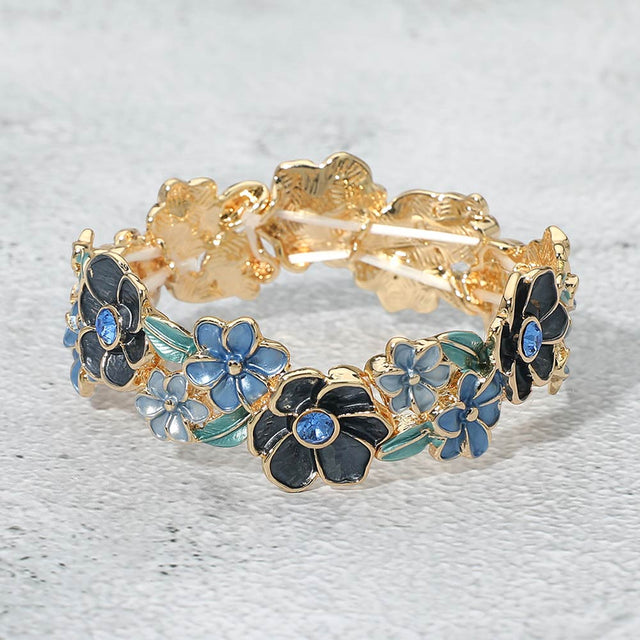 Madeline Love Blue, Gold Stone Center Floral Enamel Stretch Bracelet - Bracelets