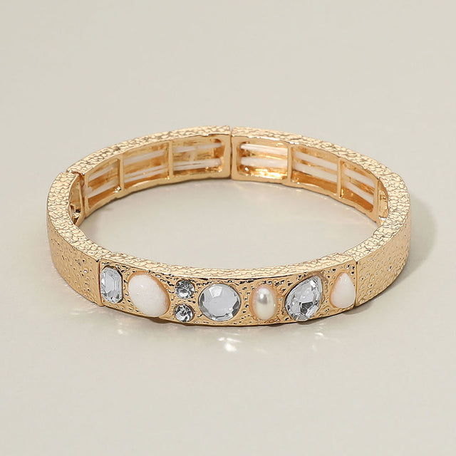Madeline Love Gold, White Multi Gemstone Pearl Accent Textured Metal Stretch Bracelet