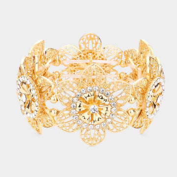 Madeline Love Gold Rhinestone Embellished Cutout Metal Flower Stretch Bracelet - Bracelets