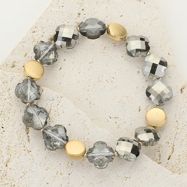 Madeline Love Jet Black Faceted Quatrefoil Beaded Stretch Bracelet