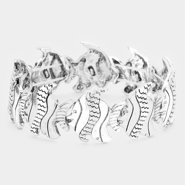 Antique Silver Burnished Metal Tropical Fish Stretch Bracelet