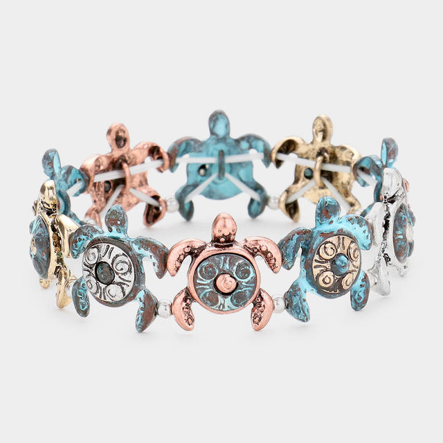 Madeline Love Multi, Patina Verdigris Burnished Metal Turtle Stretch Bracelet - Bracelets