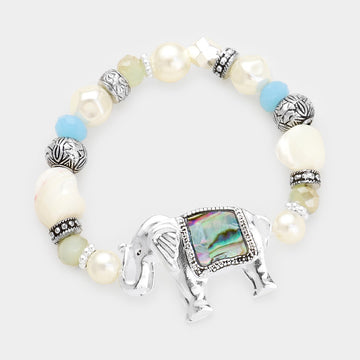 Madeline Love Abalone, Antique Silver Abalone Antique Sliver Elephant Pearl Multi Beaded Stretch Bracelet - Bracelets