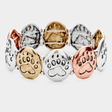 Madeline Love Gold Burnished, Rhodium Burnished Textured Metal Paw Stretch Bracelet - Bracelets