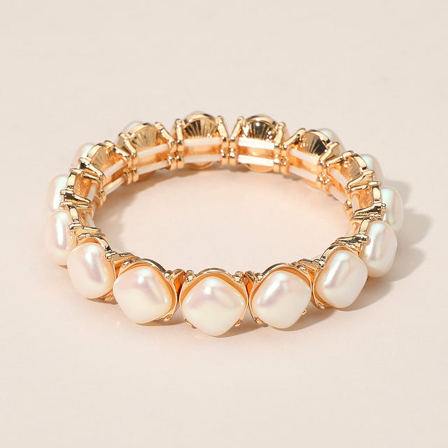 Madeline Love Cream, Gold Elegant Square Pearl Beaded Stretch Statement Bracelet - Bracelets