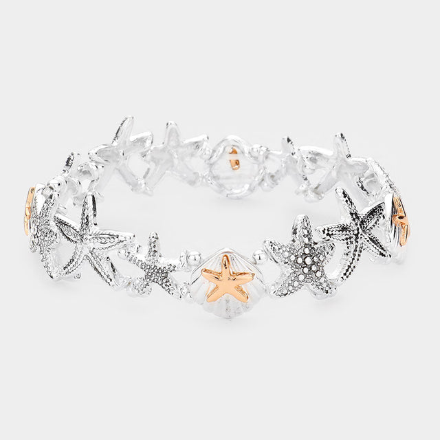 Two Tone Metal Starfish Shell Stretch Bracelet