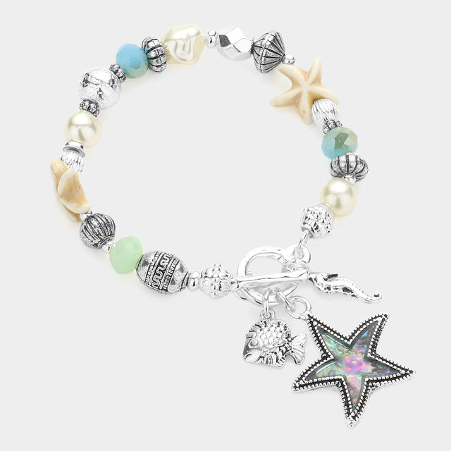 Abalone Abalone Starfish Metal Fish Seahorse Charm Pearl Beaded Stretch Toggle Bracelet