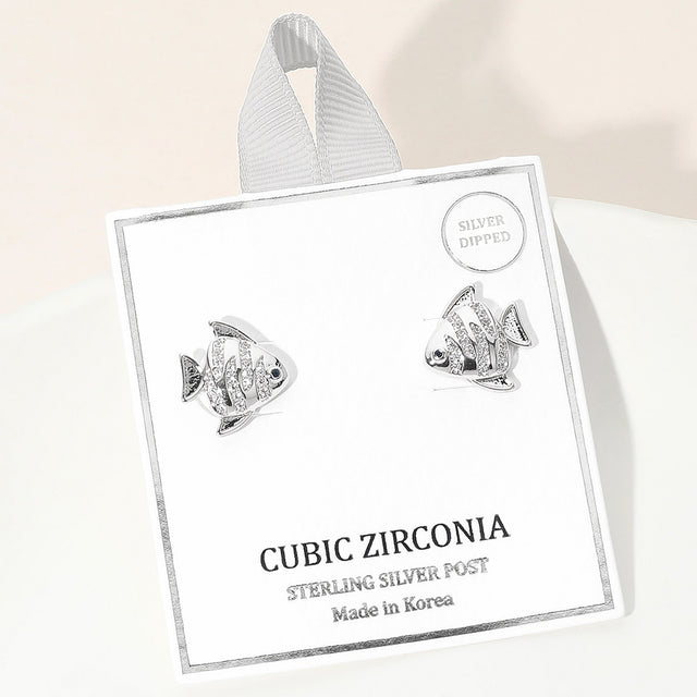 Madeline Love Clear, Rhodium Silver Dipped CZ Stone Paved Fish Stud Earrings