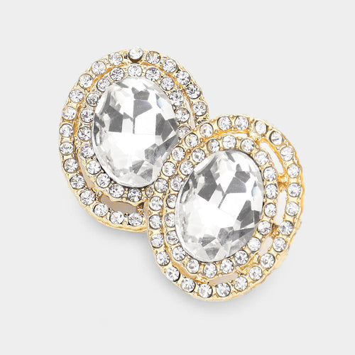 Rhinestone Trim Oval Stone Stud Evening Earrings - Gold