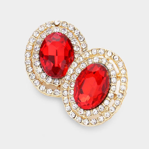 Rhinestone Trim Oval Stone Stud Evening Earrings - Red