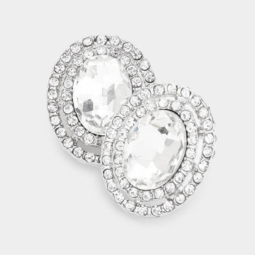 Madeline Love Silver Rhinestone Trim Oval Stone Stud Evening Earrings