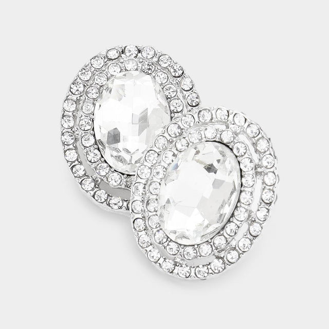 Madeline Love Silver Rhinestone Trim Oval Stone Stud Evening Earrings