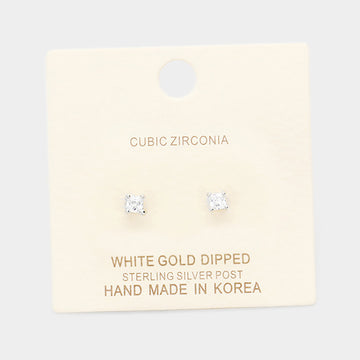 Madeline Love Clear, Rhodium White Gold Dipped 3mm Cubic Zirconia Square Stud Earrings