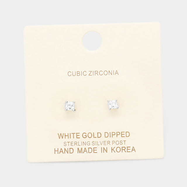 Madeline Love Clear, Rhodium White Gold Dipped 3mm Cubic Zirconia Square Stud Earrings