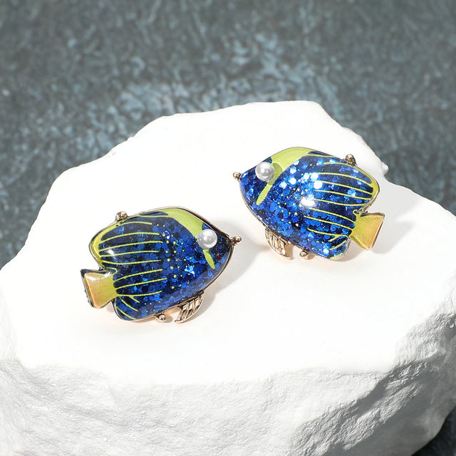 Madeline Love Blue Pearl Confetti Glittered Tropical Fish Stud Earrings