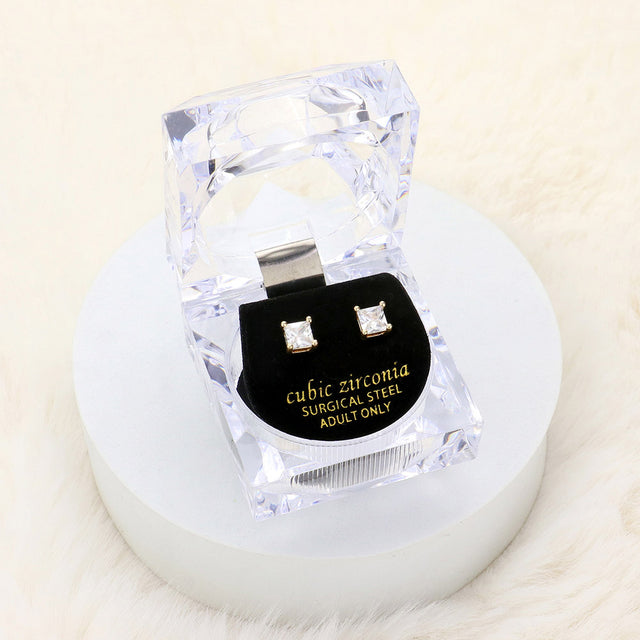 Madeline Love Gold 5mm Square Crystal Cubic Zirconia CZ Stud Earrings with Clear Box