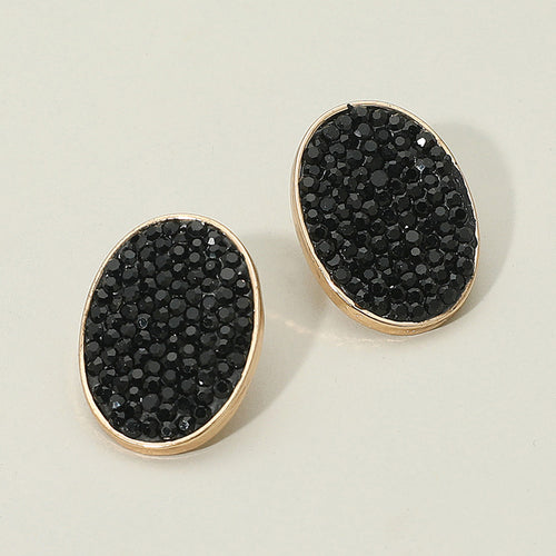 Rhinestone Embellished Oval Stud Earrings - Jet Black