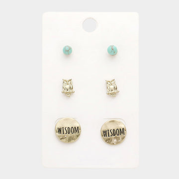 Madeline Love Turquoise, Worn Gold 3Pairs - Turquoise Owl Wisdom Message Stud Earrings