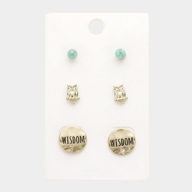 Madeline Love Turquoise, Worn Gold 3Pairs - Turquoise Owl Wisdom Message Stud Earrings