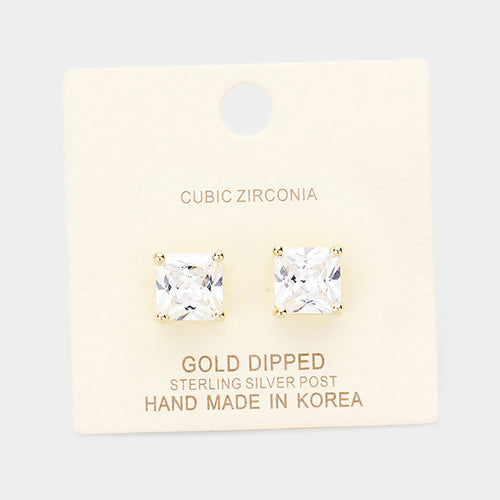 Gold Dipped 9mm Cubic Zirconia Square Stud Earrings - Clear, Gold