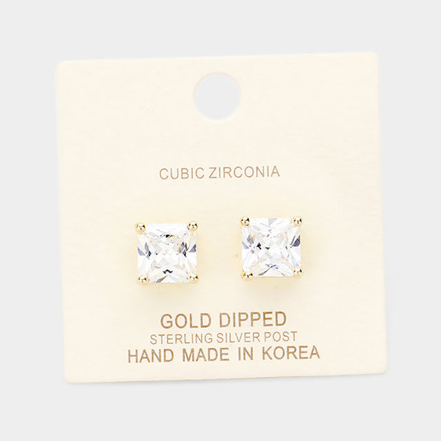 Madeline Love Clear, Gold Gold Dipped 9mm Cubic Zirconia Square Stud Earrings