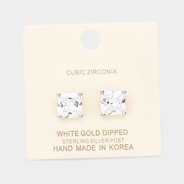 Madeline Love Clear, Rhodium White Gold Dipped 9mm Cubic Zirconia Square Stud Earrings