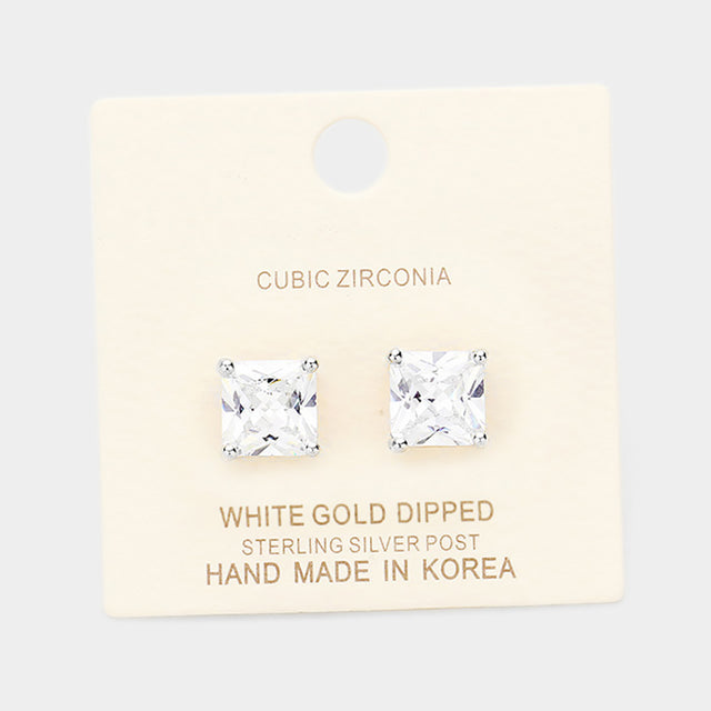 Madeline Love Clear, Rhodium White Gold Dipped 9mm Cubic Zirconia Square Stud Earrings