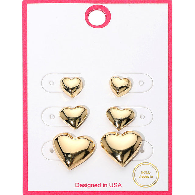 Madeline Love Gold 3Pairs - Gold Dipped Graduated Size Metal Puffy Heart Stud Earrings