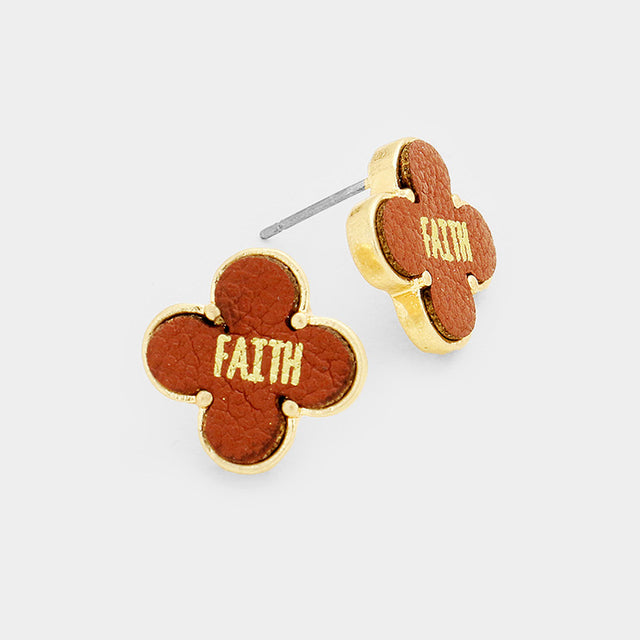 Madeline Love Brown, Worn Gold "Faith" Leather Quatrefoil Clover Stud Earring - Earrings