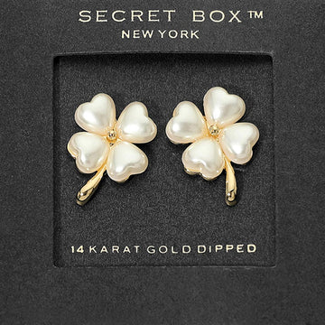 Madeline Love Gold SECRET BOX_14K Gold Dipped Pearl Four Leaf Clover Stud Earrings