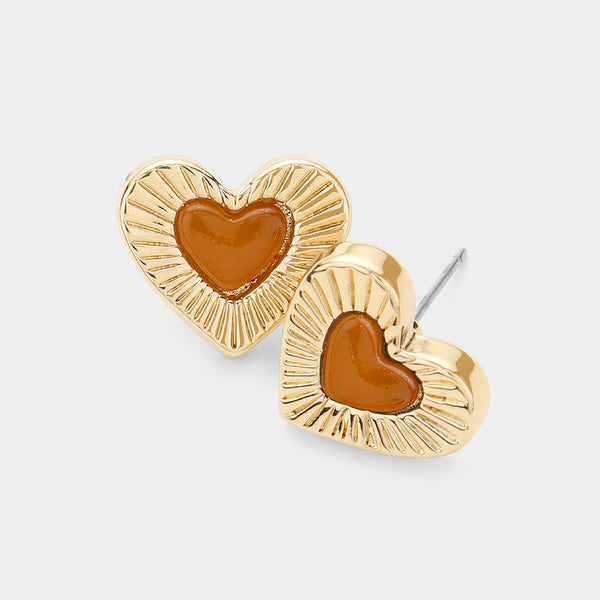 Celluloid Acetate Tortoise Heart Centered Stud Earrings