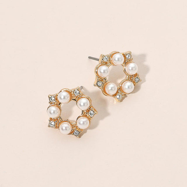 Madeline Love Cream, Gold Pearl Crystal Embellished Wreath Stud Earrings