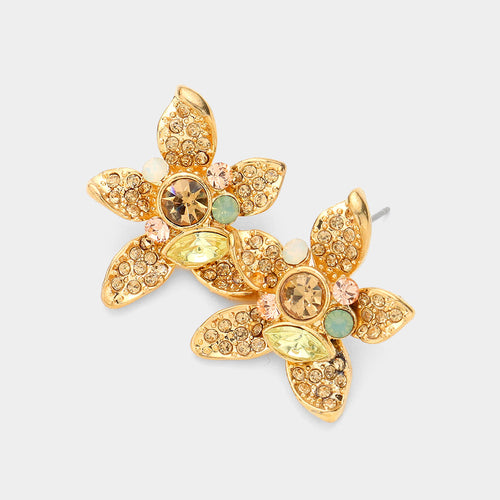 Crystal Pave Flower Stud Earrings - Gold, Lt Col Topaz, Lt Rose, Opal