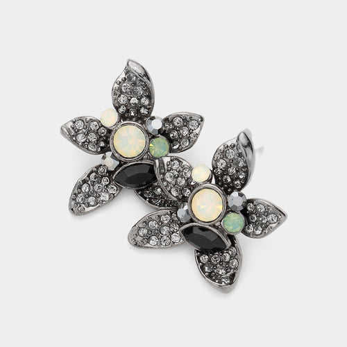 Crystal Pave Flower Stud Earrings - Black Diamond, Jet Hematite, Opal