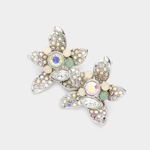 Crystal Pave Flower Stud Earrings - Opal, Peach, Rhodium