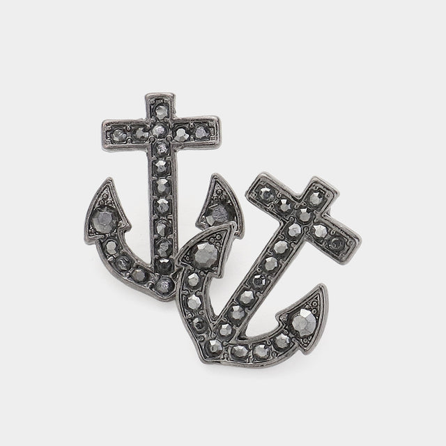 Hematite Stone Paved Anchor Stud Earrings