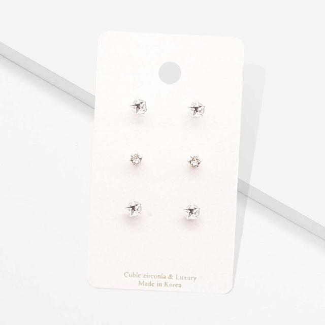 Madeline Love Clear 3Pairs - CZ Star Round Stud Earrings