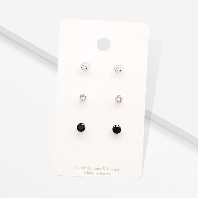Madeline Love Black 3Pairs - CZ Heart Round Stud Earrings
