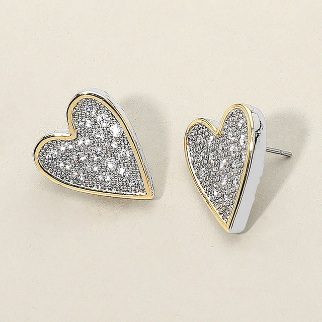Madeline Love Two Tone 14K Gold Plated Two Tone CZ Stone Paved Heart Stud Earrings
