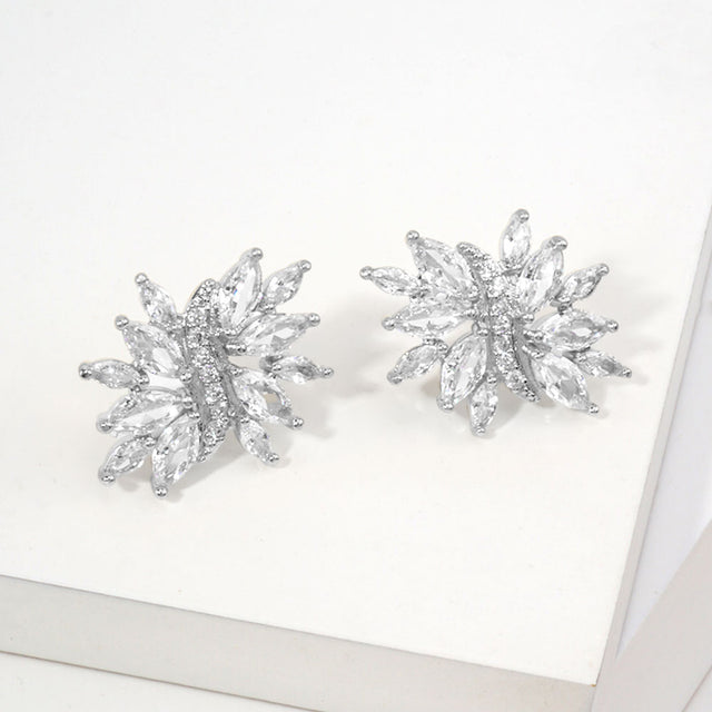 Madeline Love Clear, Rhodium 14K Gold Dipped Marquise CZ Floral Stud Earrings