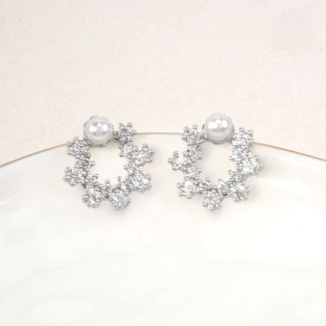 Madeline Love Rhodium, White 14K Gold Dipped Pearl Accent CZ Open Circle Stud Earrings