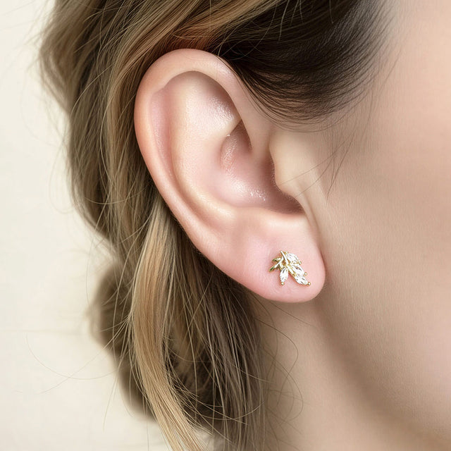 Madeline Love Clear, Gold 14K Gold Dipped Marquise CZ Leaf Stud Earrings